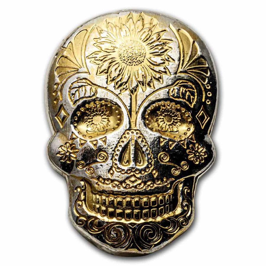 2 Unzen  Hand Poured Silver Skull - Day of the Dead: Gold Sunflower