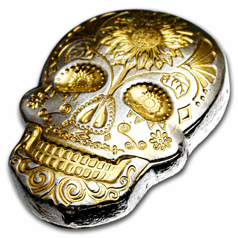 2 Unzen  Hand Poured Silver Skull - Day of the Dead: Gold Sunflower - Image 3