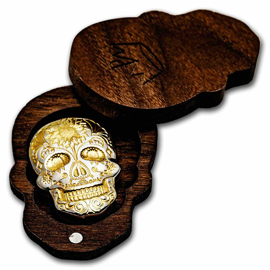2 Unzen  Hand Poured Silver Skull - Day of the Dead: Gold Sunflower - Image 4