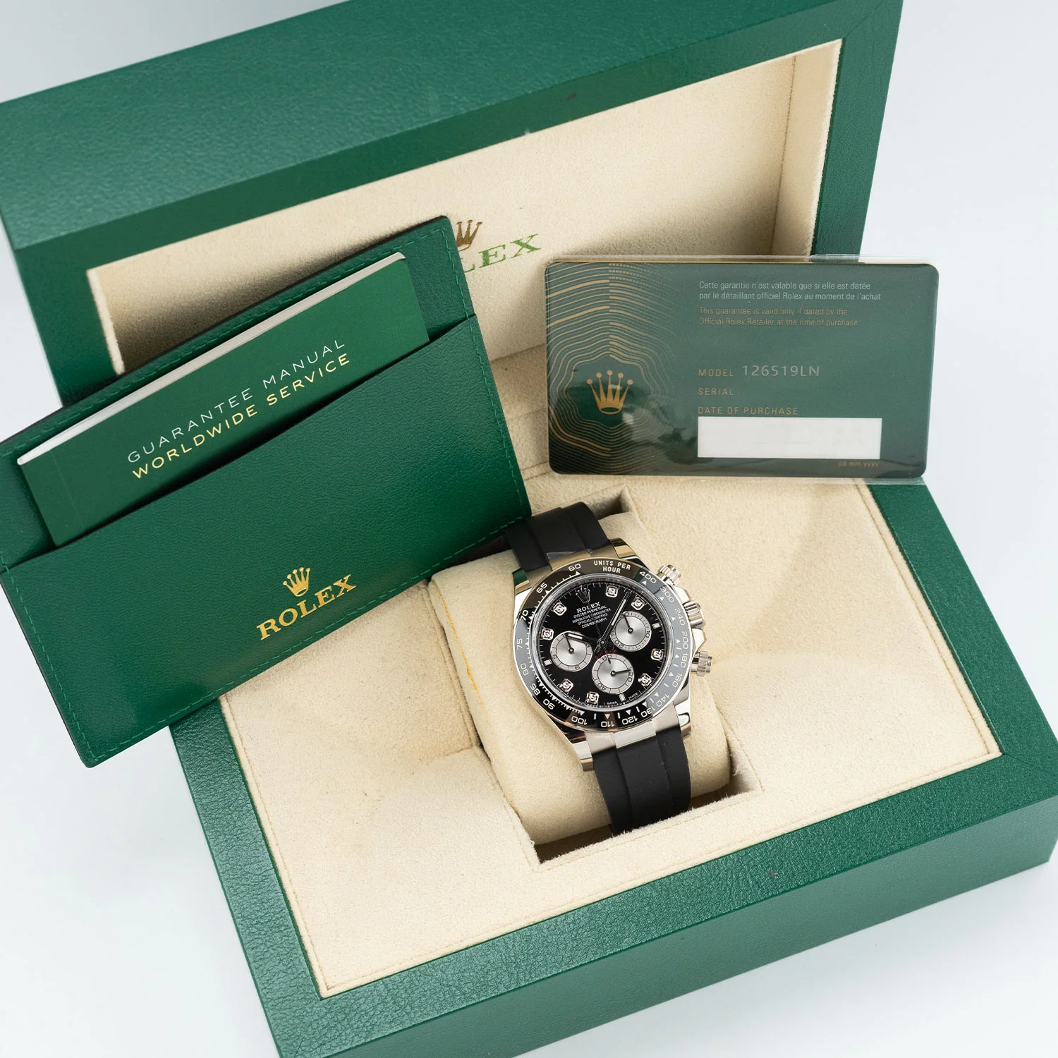 Daytona Cosmograph White Gold Black Diamond Dial Oysterflex 2023 - 126519LN - Image 8