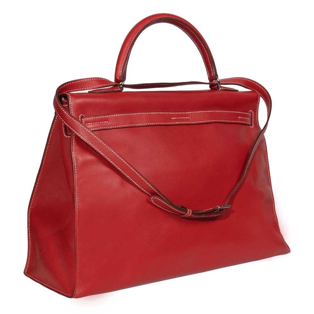 Hermes Red Swift Leather Palladium Plated Kelly Flat 35 Bag - Image 3