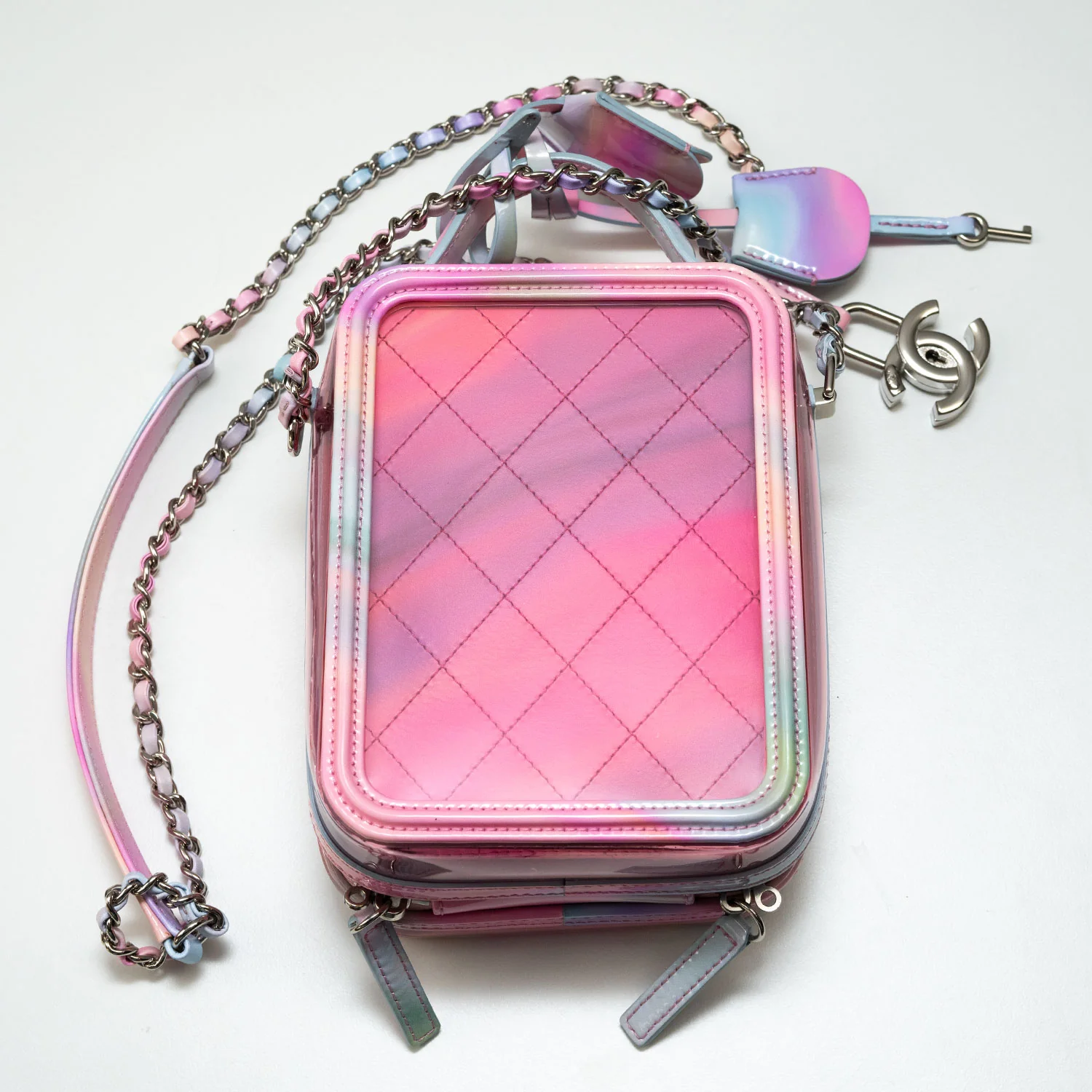 PVC Patent Calfskin Lambskin Quilted CC North South Filigree Vanity Case Pink - Image 6